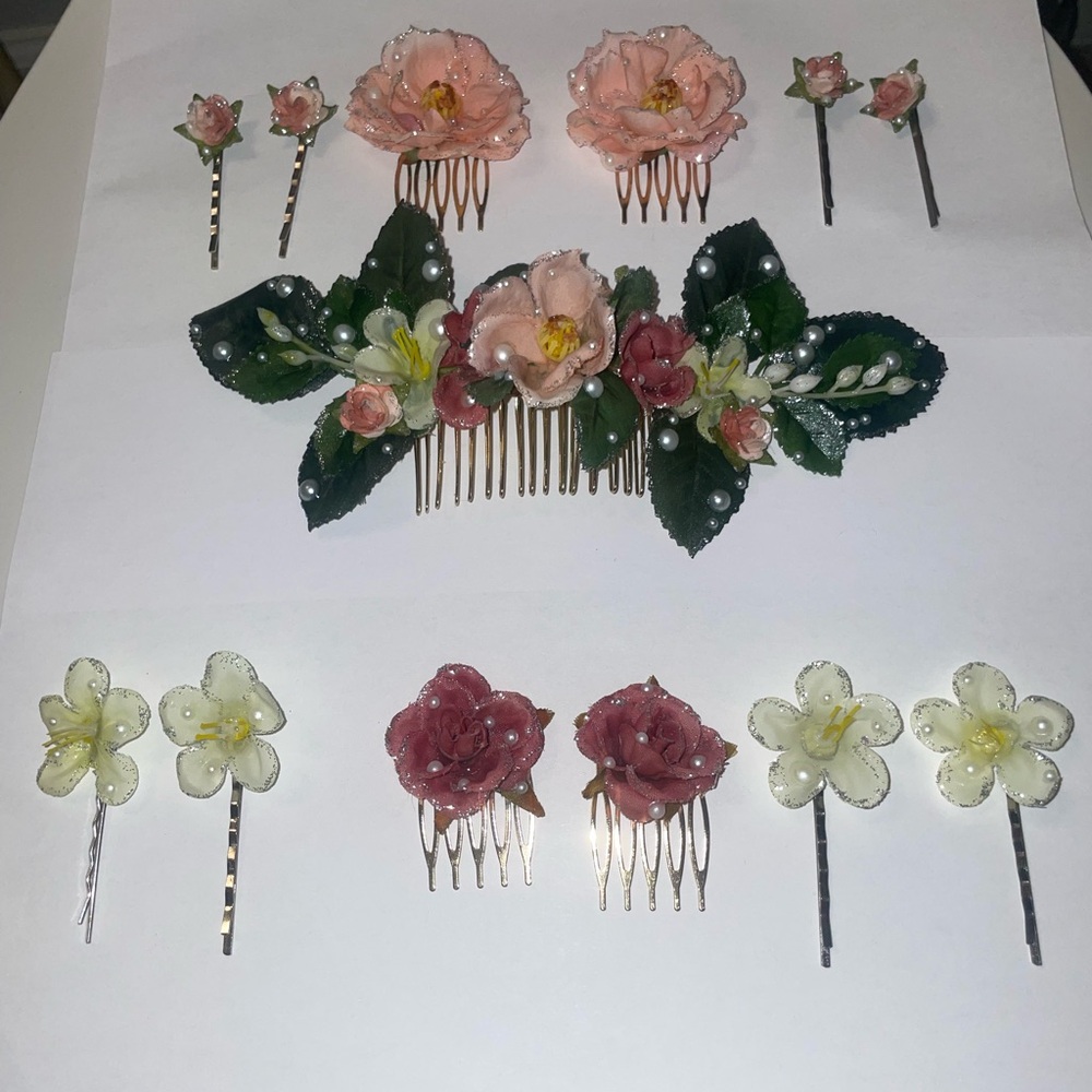 Handmade Floral Hair Comb and Pin Set - Pink, Green, Cream